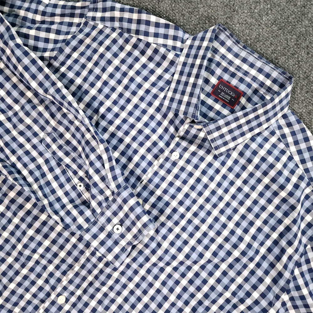 UNTUCKit Shirt Men 2XL XXL Blue White Plaid Button Up Casual Long Sleeve